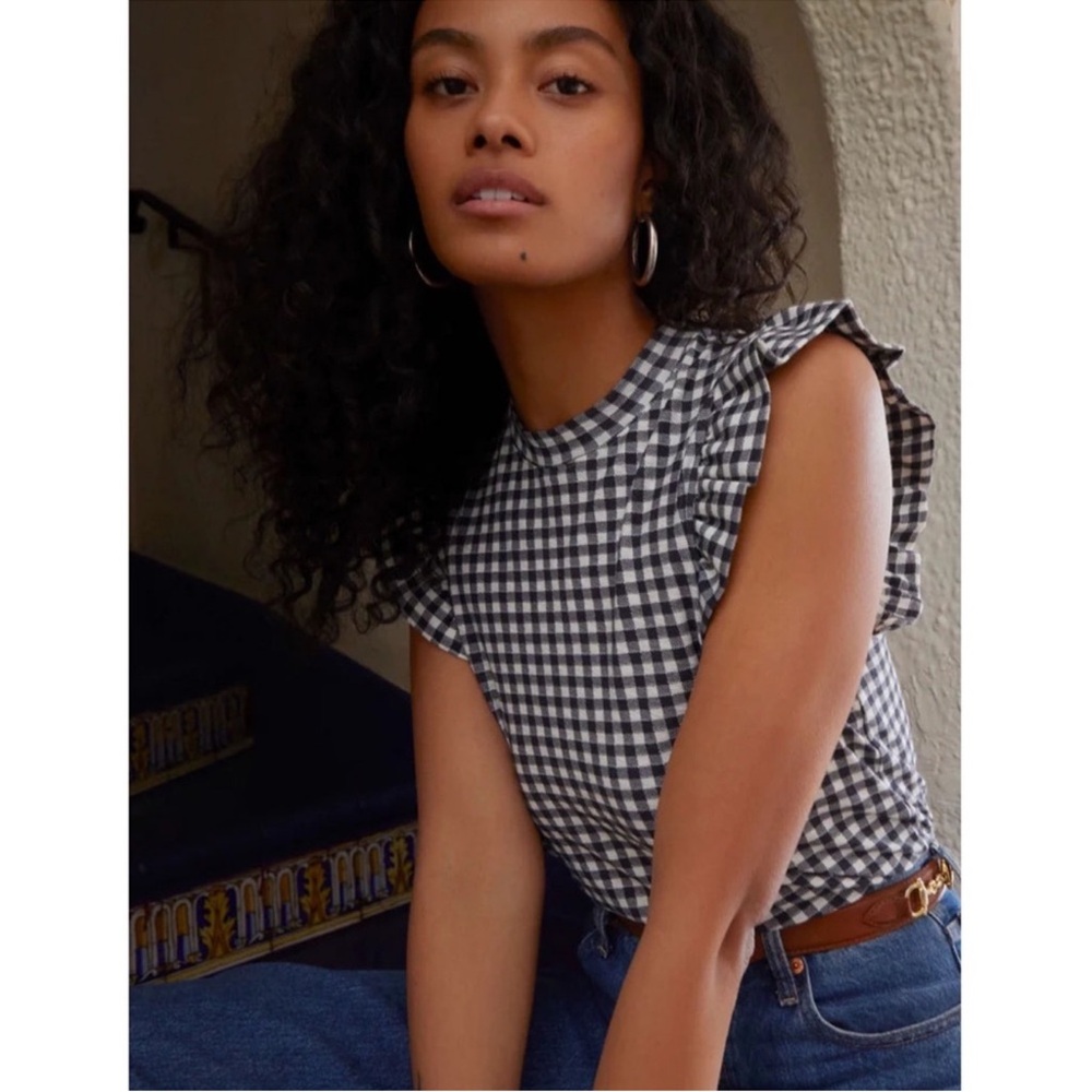 Nation LTD Black and White Gingham Ruffle Sleeve Top